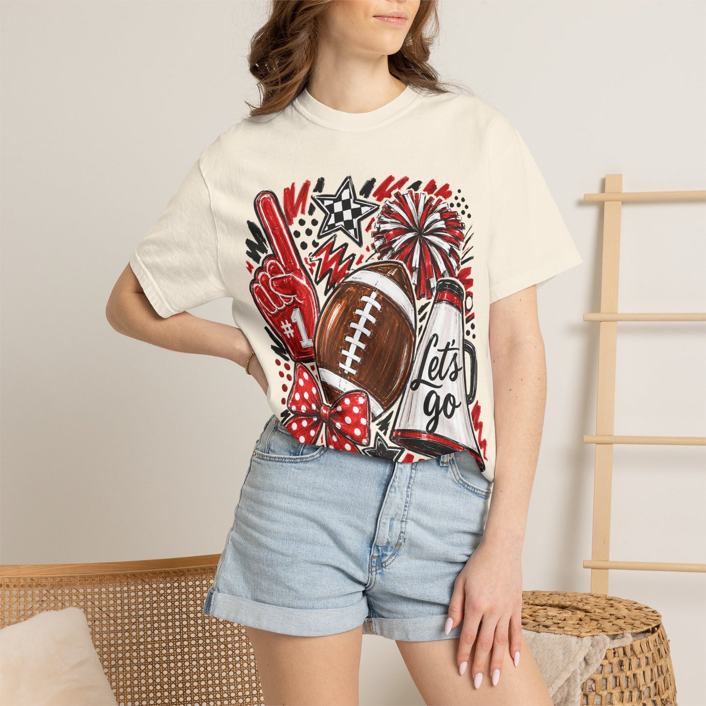 Football Fan Graphic T-Shirt — "Let's Go" Cheer Design Red