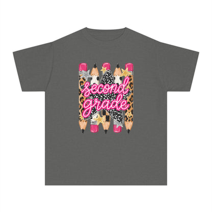 Second Grade Pencils Youth Tee — Cute Leopard & Pink Back-to-School Shirt