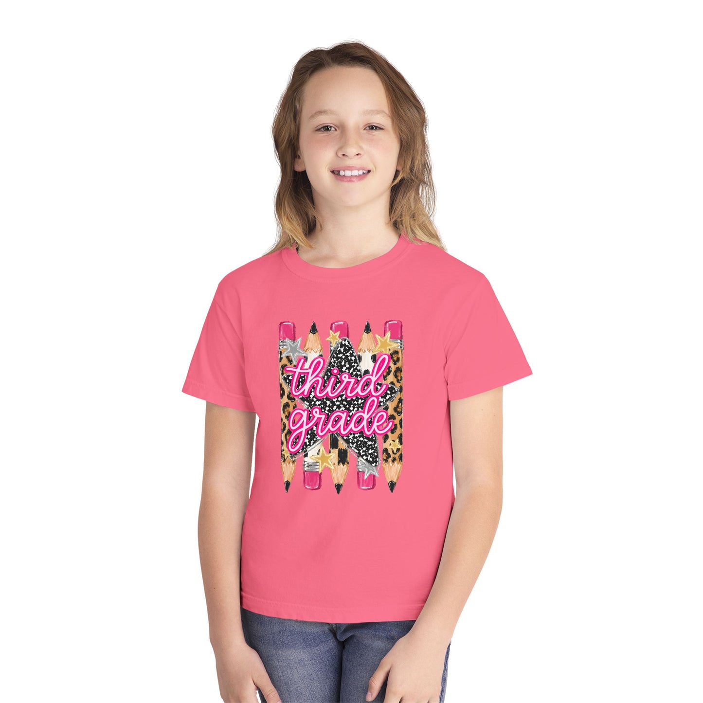 Third Grade Pencils Youth Tee — Leopard & Glitter Back-to-School Shirt