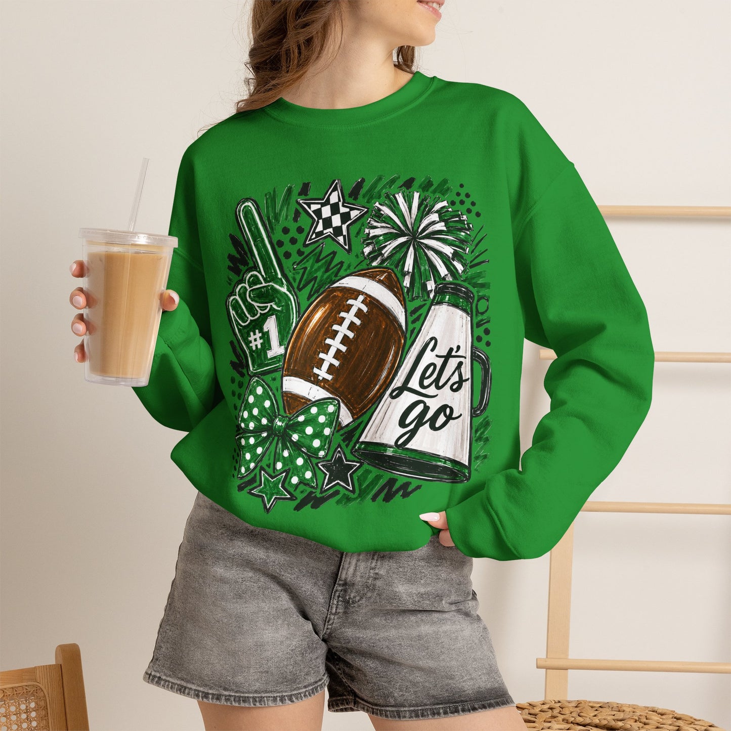 Football Spirit Crewneck Sweatshirt — “Let’s Go” Game Day Green
