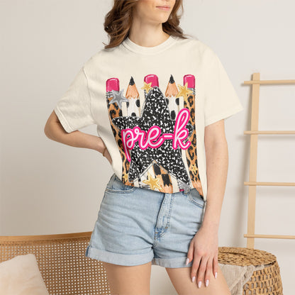 Pre-K Leopard Pencil Star T-Shirt — Cute Preschool Teacher / Back-to-School Tee