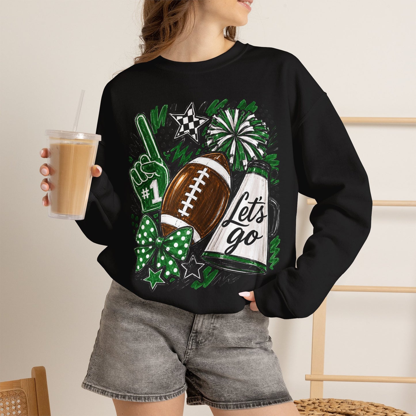 Football Spirit Crewneck Sweatshirt — “Let’s Go” Game Day Green