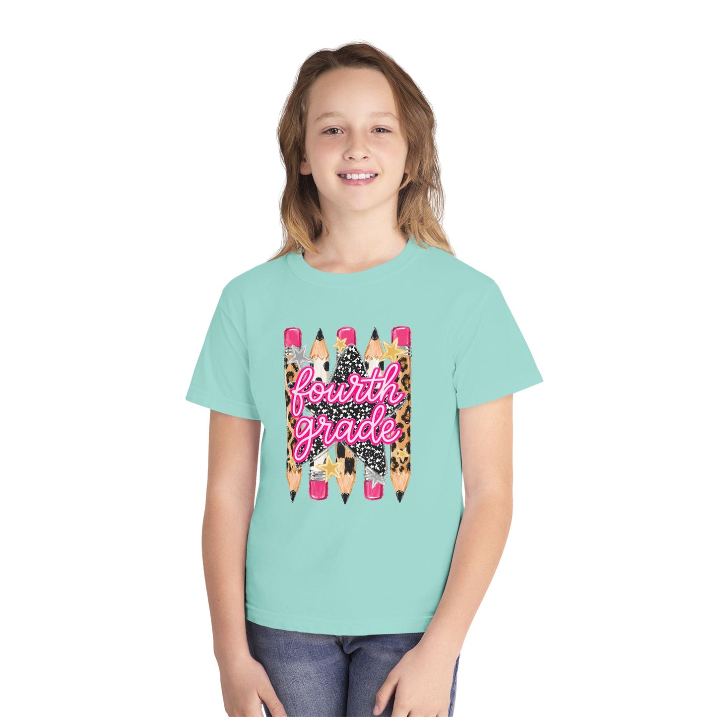 Fourth Grade Leopard Pencil Youth Tee — Back-to-School Cute Kids Shirt