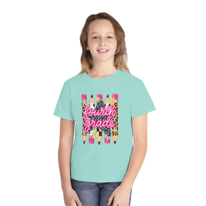 Fourth Grade Leopard Pencil Youth Tee — Back-to-School Cute Kids Shirt
