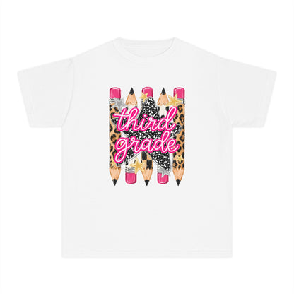 Third Grade Pencils Youth Tee — Leopard & Glitter Back-to-School Shirt