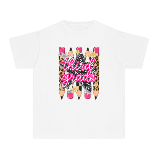 Third Grade Pencils Youth Tee — Leopard & Glitter Back-to-School Shirt