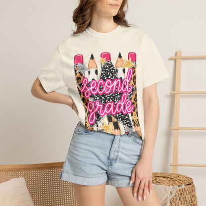 Second Grade Pencil Leopard T-Shirt — Cute Back-to-School Teacher Tee