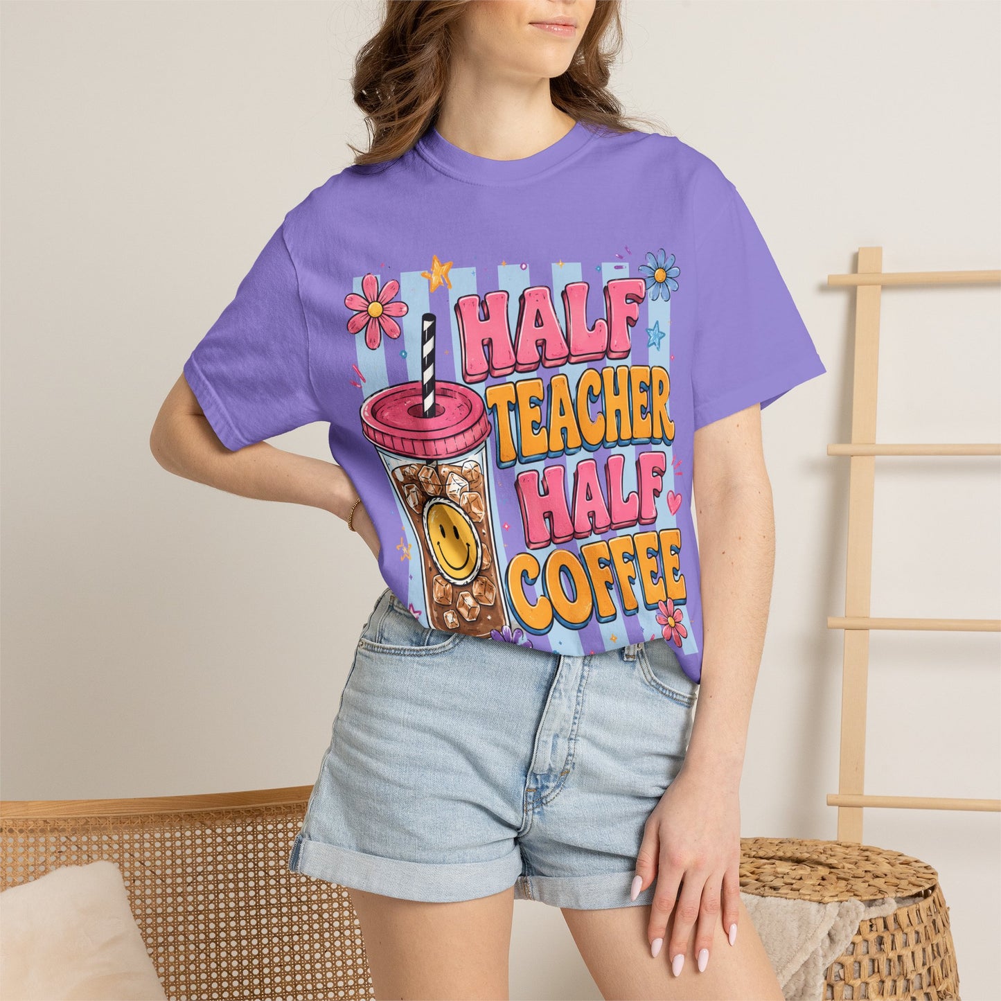 Teacher Coffee T-Shirt — "Half Teacher Half Coffee" Cute Floral Iced Coffee Tee