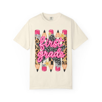 First Grade Pencil Leopard T-Shirt — Cute Back-to-School Tee