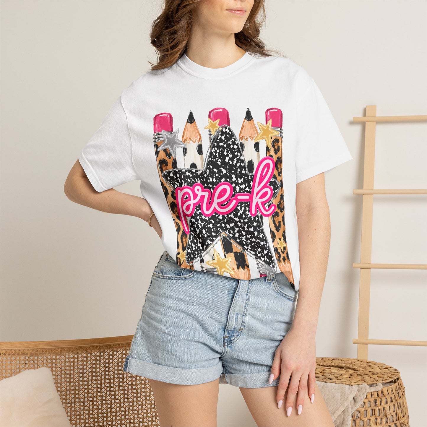 Pre-K Leopard Pencil Star T-Shirt — Cute Preschool Teacher / Back-to-School Tee