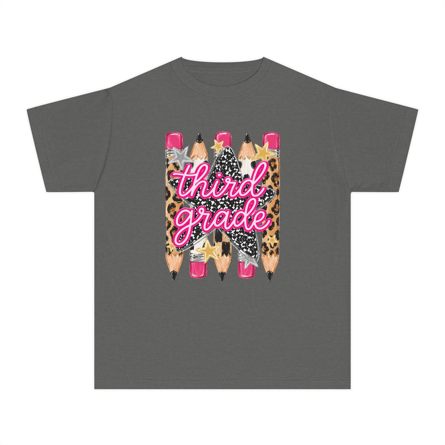 Third Grade Pencils Youth Tee — Leopard & Glitter Back-to-School Shirt
