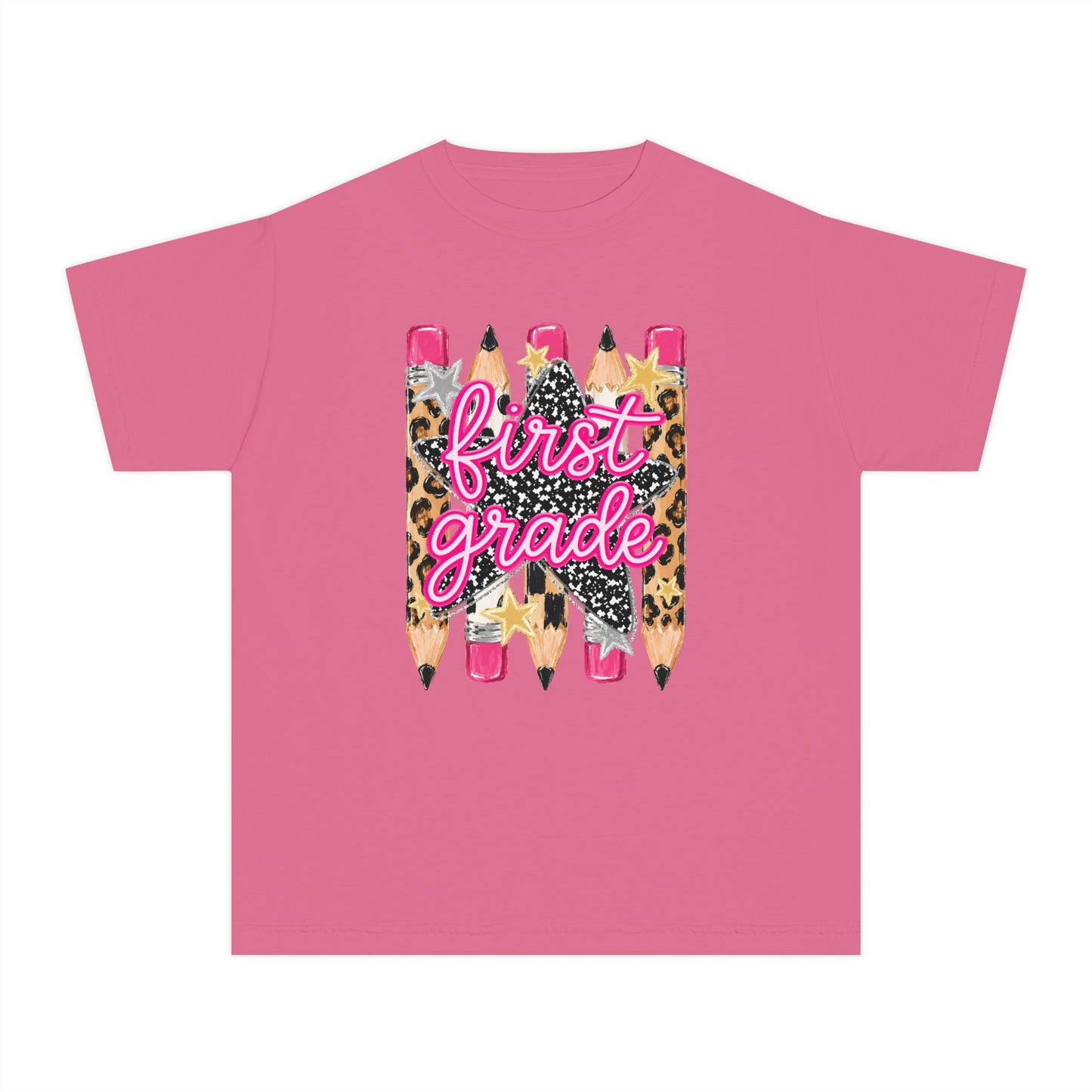 First Grade Leopard Pencil Youth Tee — Back to School Graphic Shirt