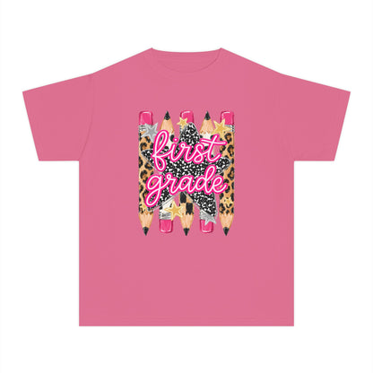 First Grade Leopard Pencil Youth Tee — Back to School Graphic Shirt
