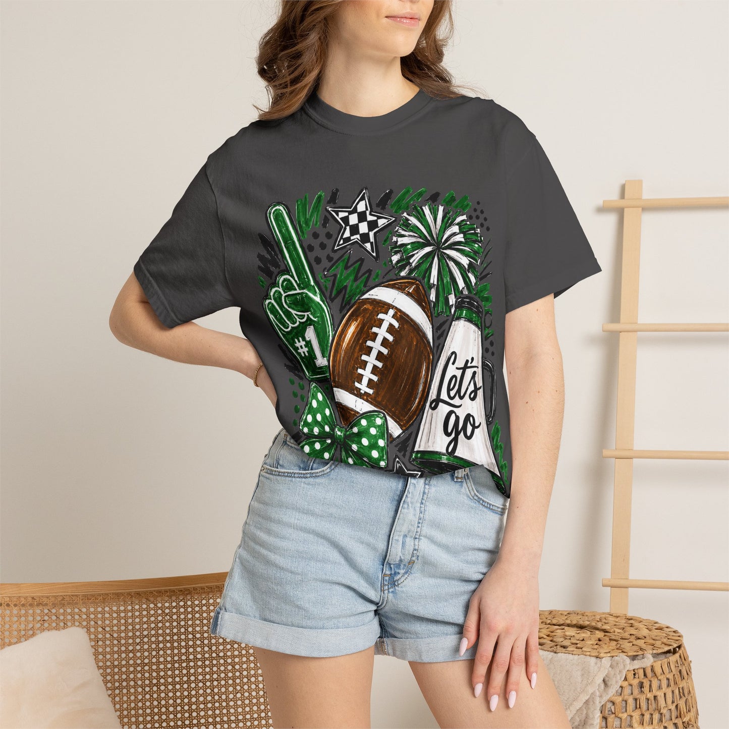 Football Fan Graphic T‑Shirt — 'Let's Go' Cheer Design Green