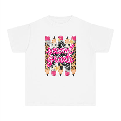 Second Grade Pencils Youth Tee — Cute Leopard & Pink Back-to-School Shirt