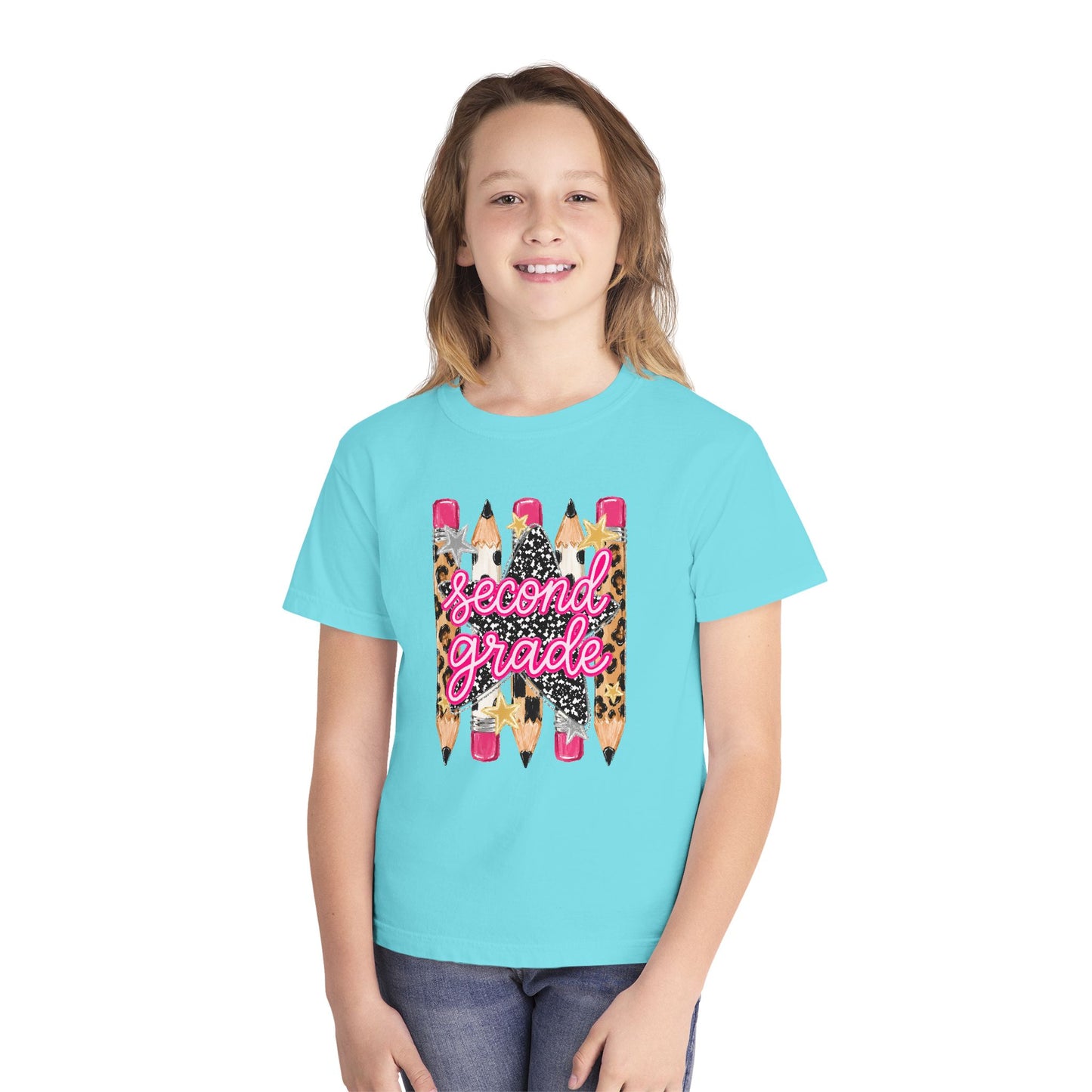 Second Grade Pencils Youth Tee — Cute Leopard & Pink Back-to-School Shirt