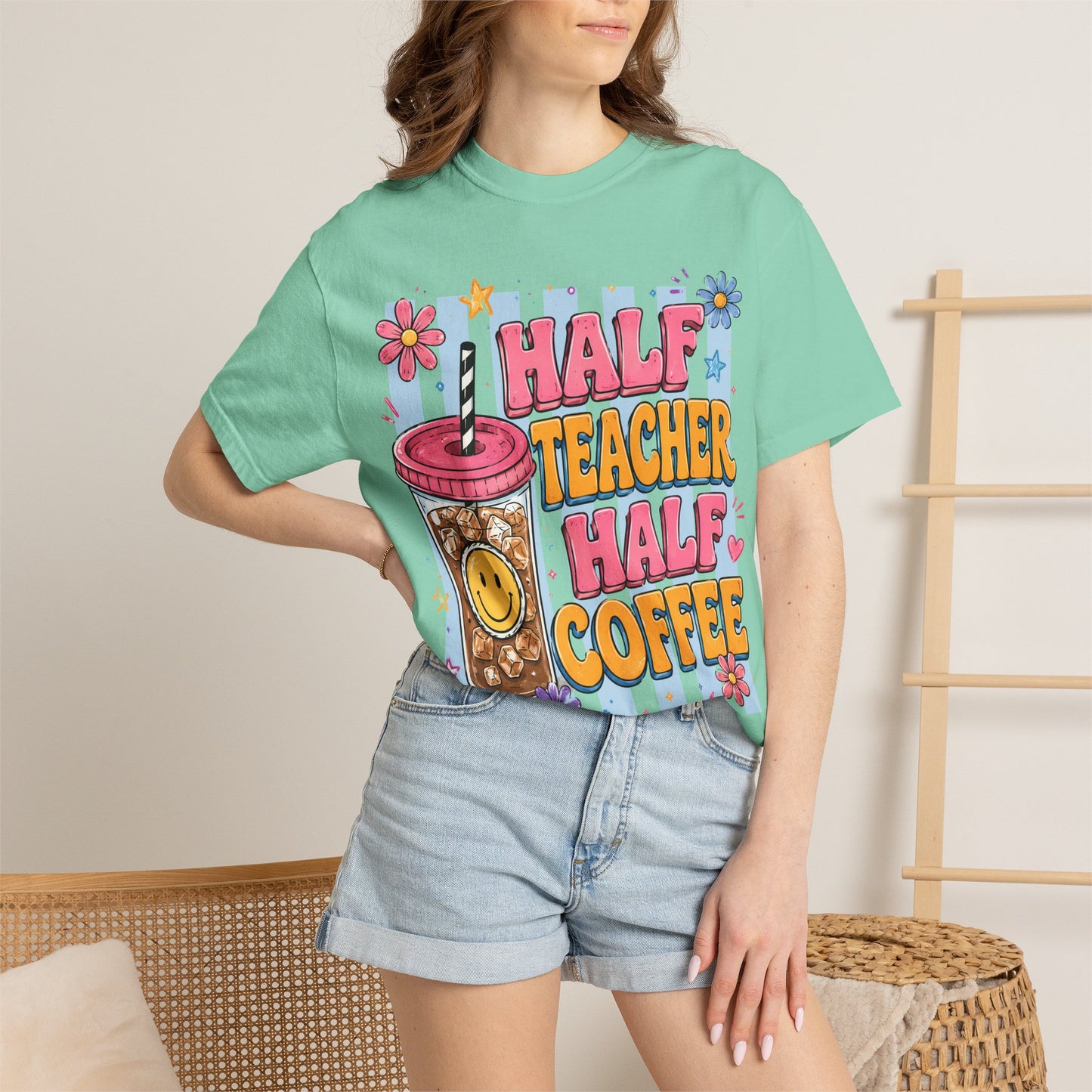 Teacher Coffee T-Shirt — "Half Teacher Half Coffee" Cute Floral Iced Coffee Tee