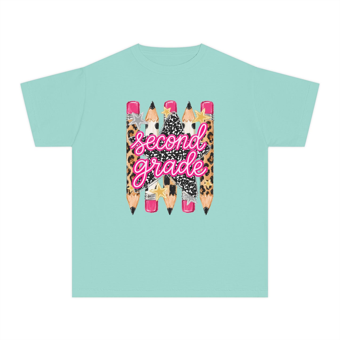 Second Grade Pencils Youth Tee — Cute Leopard & Pink Back-to-School Shirt