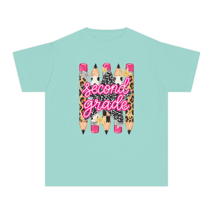 Second Grade Pencils Youth Tee — Cute Leopard & Pink Back-to-School Shirt