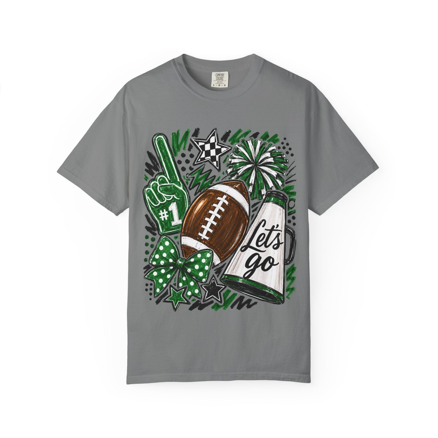Football Fan Graphic T‑Shirt — 'Let's Go' Cheer Design Green