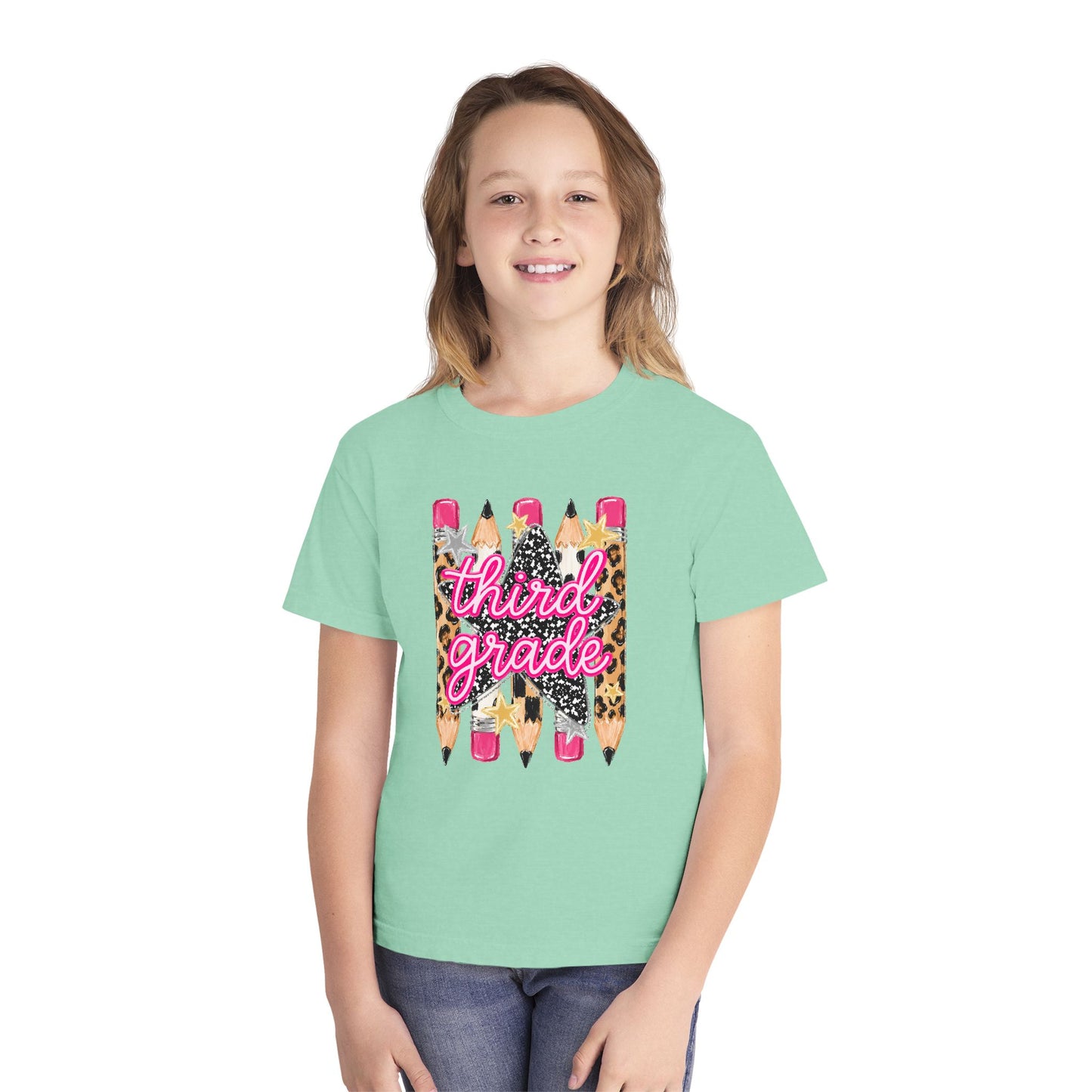 Third Grade Pencils Youth Tee — Leopard & Glitter Back-to-School Shirt