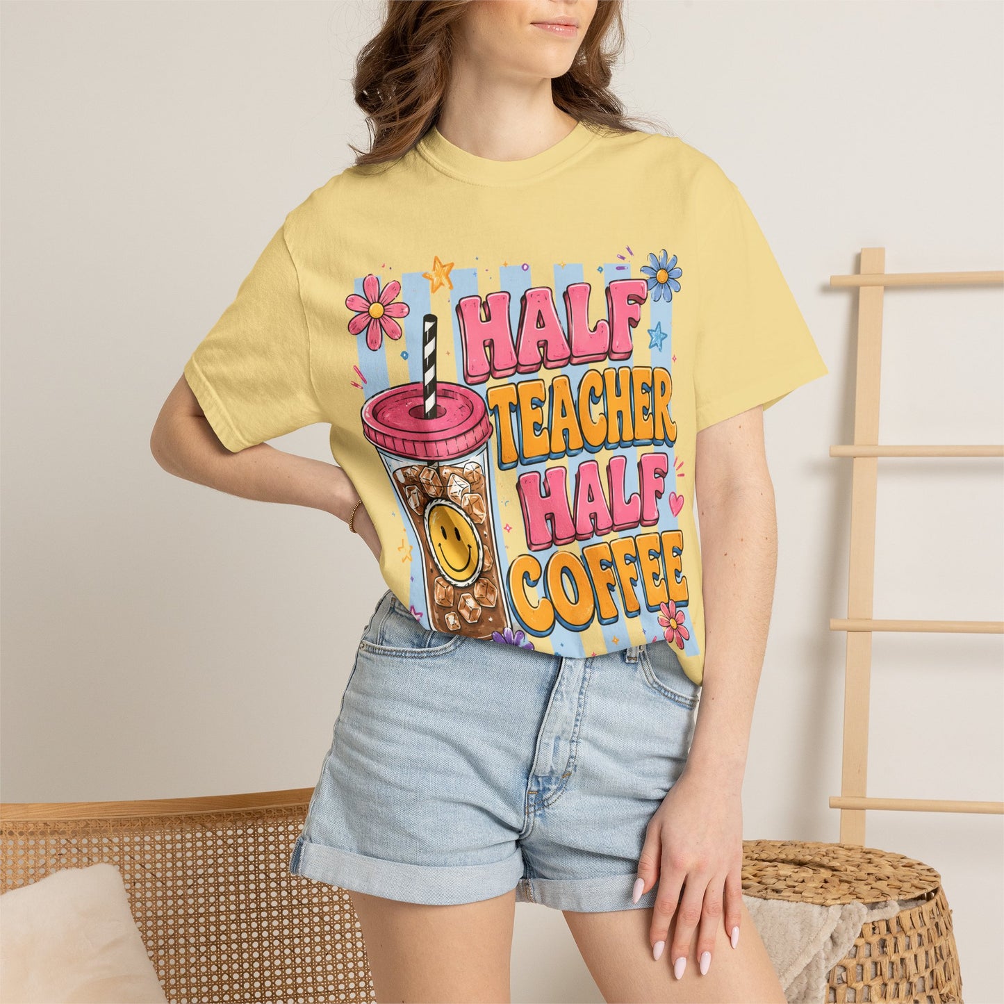 Teacher Coffee T-Shirt — "Half Teacher Half Coffee" Cute Floral Iced Coffee Tee