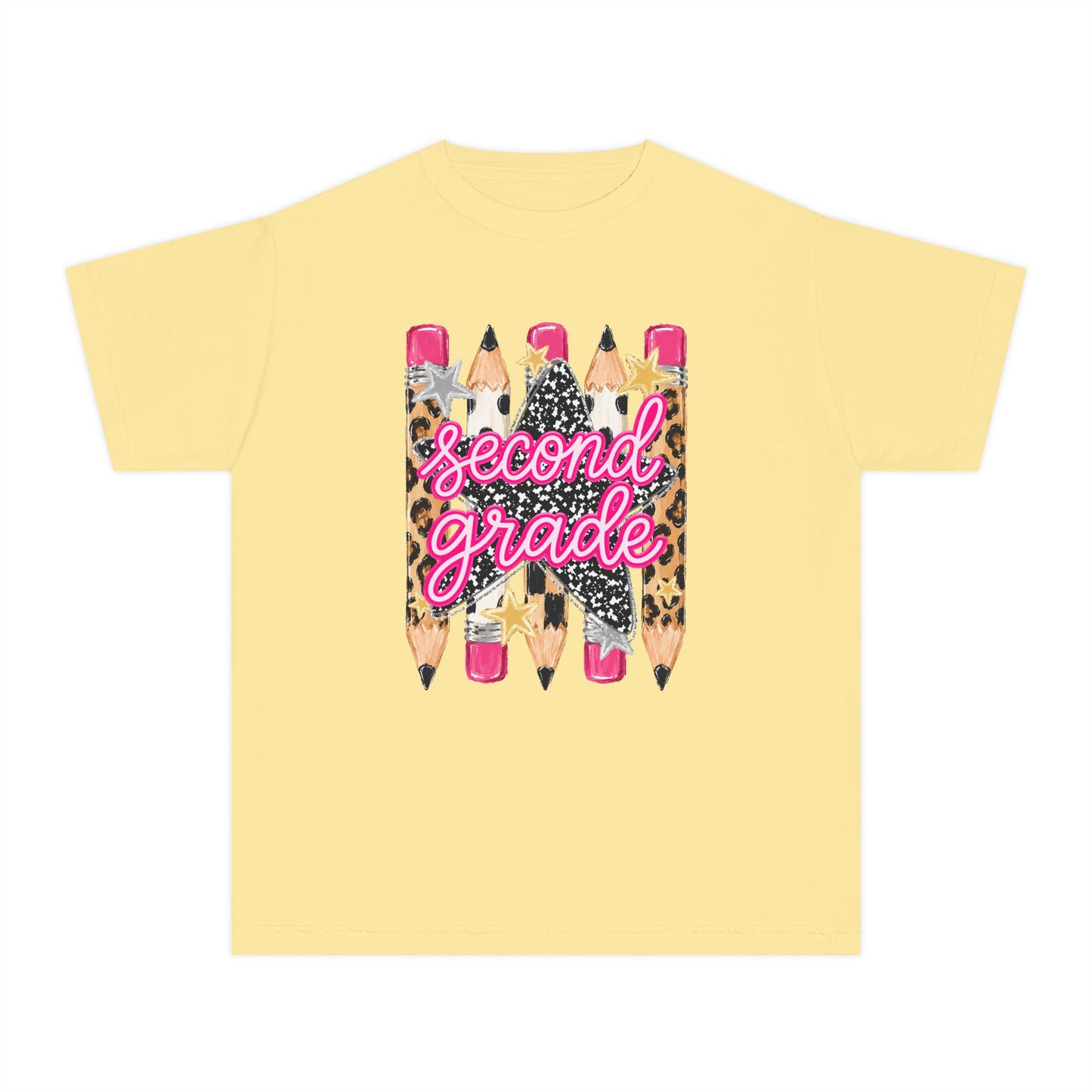 Second Grade Pencils Youth Tee — Cute Leopard & Pink Back-to-School Shirt