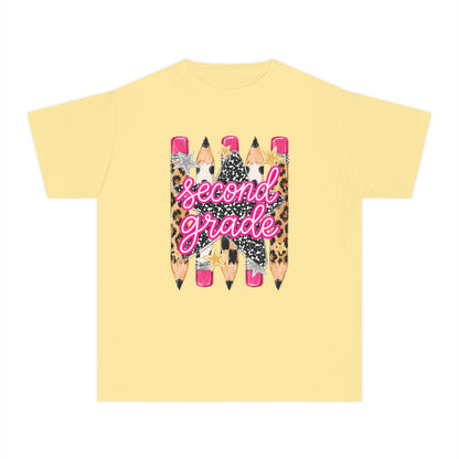 Second Grade Pencils Youth Tee — Cute Leopard & Pink Back-to-School Shirt