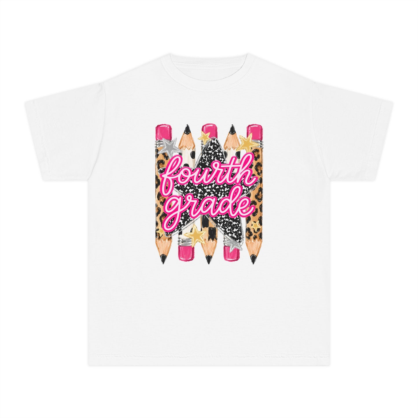 Fourth Grade Leopard Pencil Youth Tee — Back-to-School Cute Kids Shirt