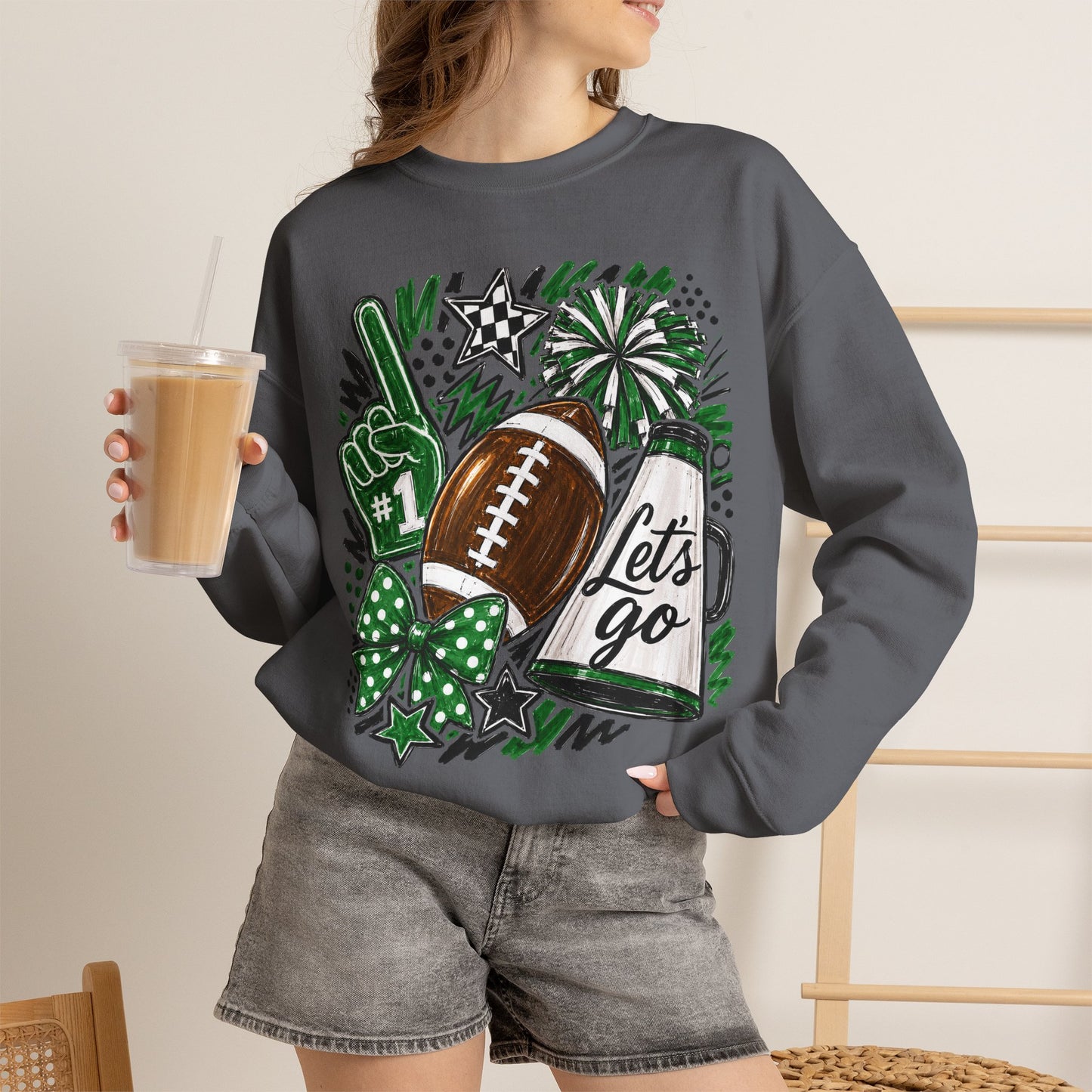 Football Spirit Crewneck Sweatshirt — “Let’s Go” Game Day Green