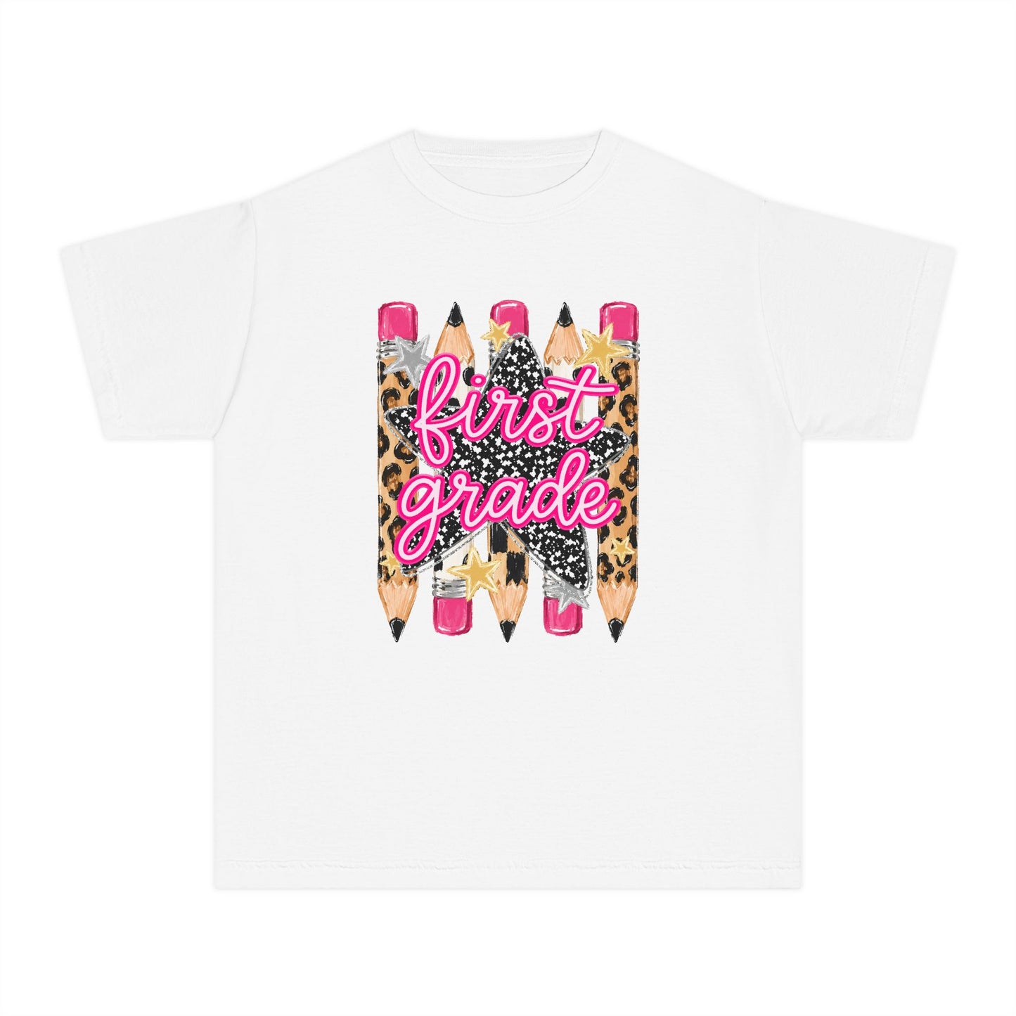 First Grade Leopard Pencil Youth Tee — Back to School Graphic Shirt