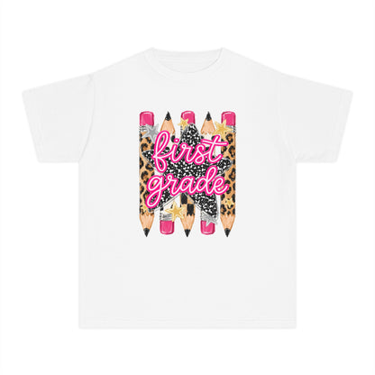 First Grade Leopard Pencil Youth Tee — Back to School Graphic Shirt