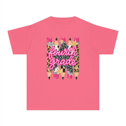 Fourth Grade Leopard Pencil Youth Tee — Back-to-School Cute Kids Shirt