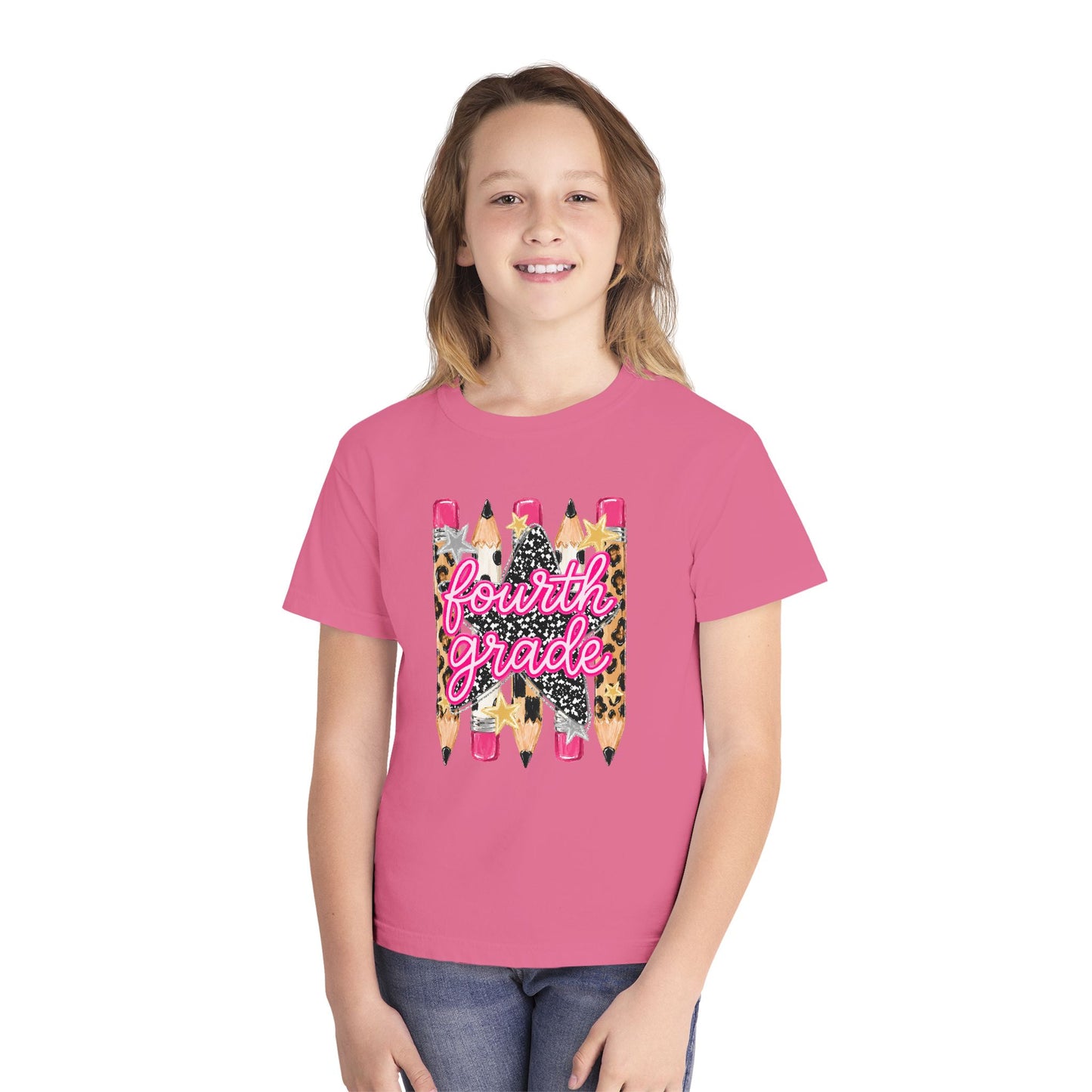 Fourth Grade Leopard Pencil Youth Tee — Back-to-School Cute Kids Shirt