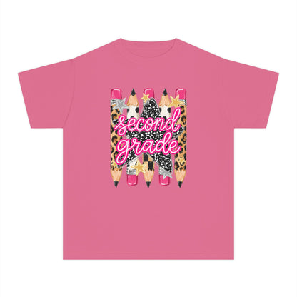 Second Grade Pencils Youth Tee — Cute Leopard & Pink Back-to-School Shirt