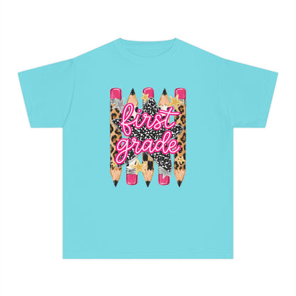 First Grade Leopard Pencil Youth Tee — Back to School Graphic Shirt