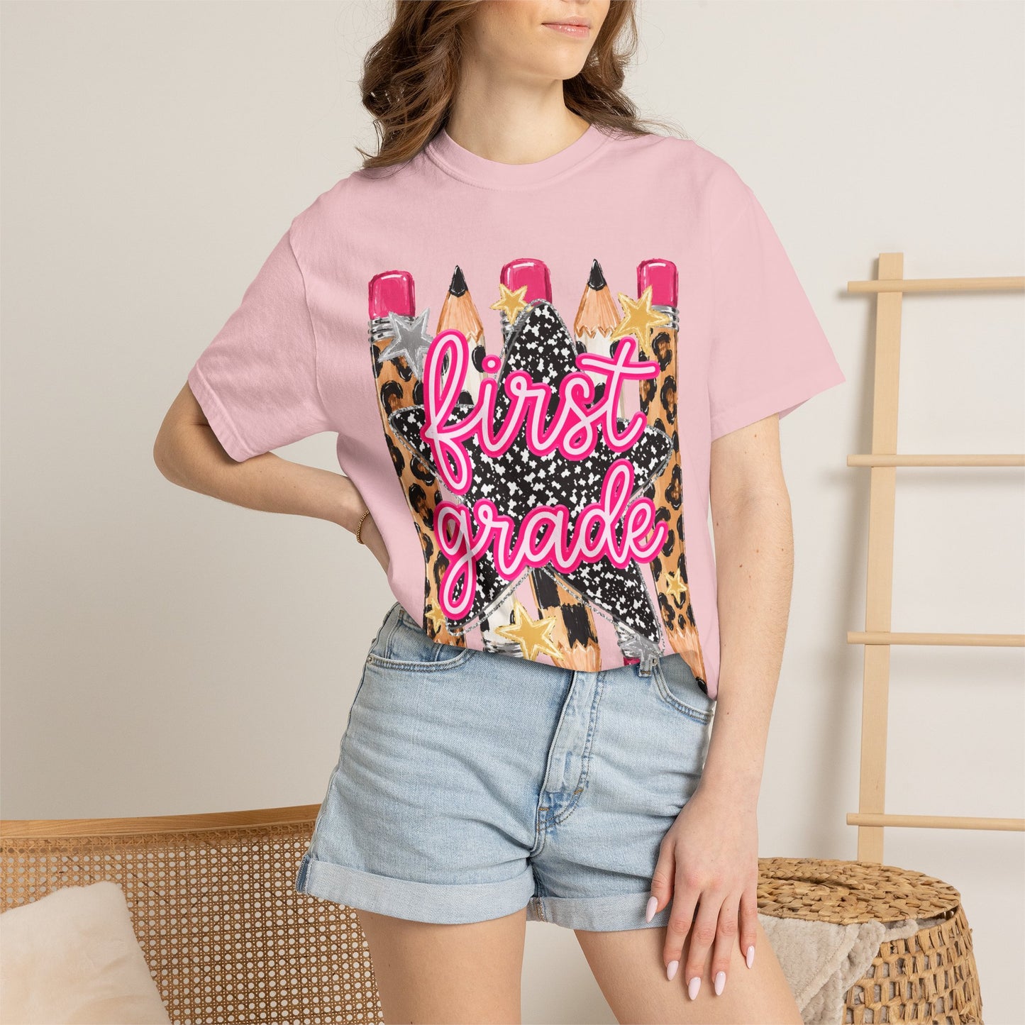 First Grade Pencil Leopard T-Shirt — Cute Back-to-School Tee