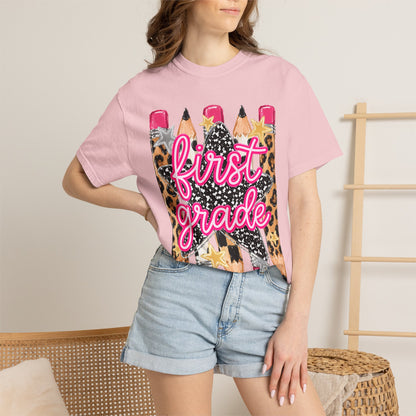 First Grade Pencil Leopard T-Shirt — Cute Back-to-School Tee