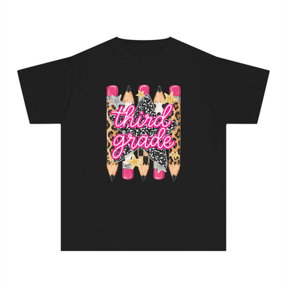 Third Grade Pencils Youth Tee — Leopard & Glitter Back-to-School Shirt