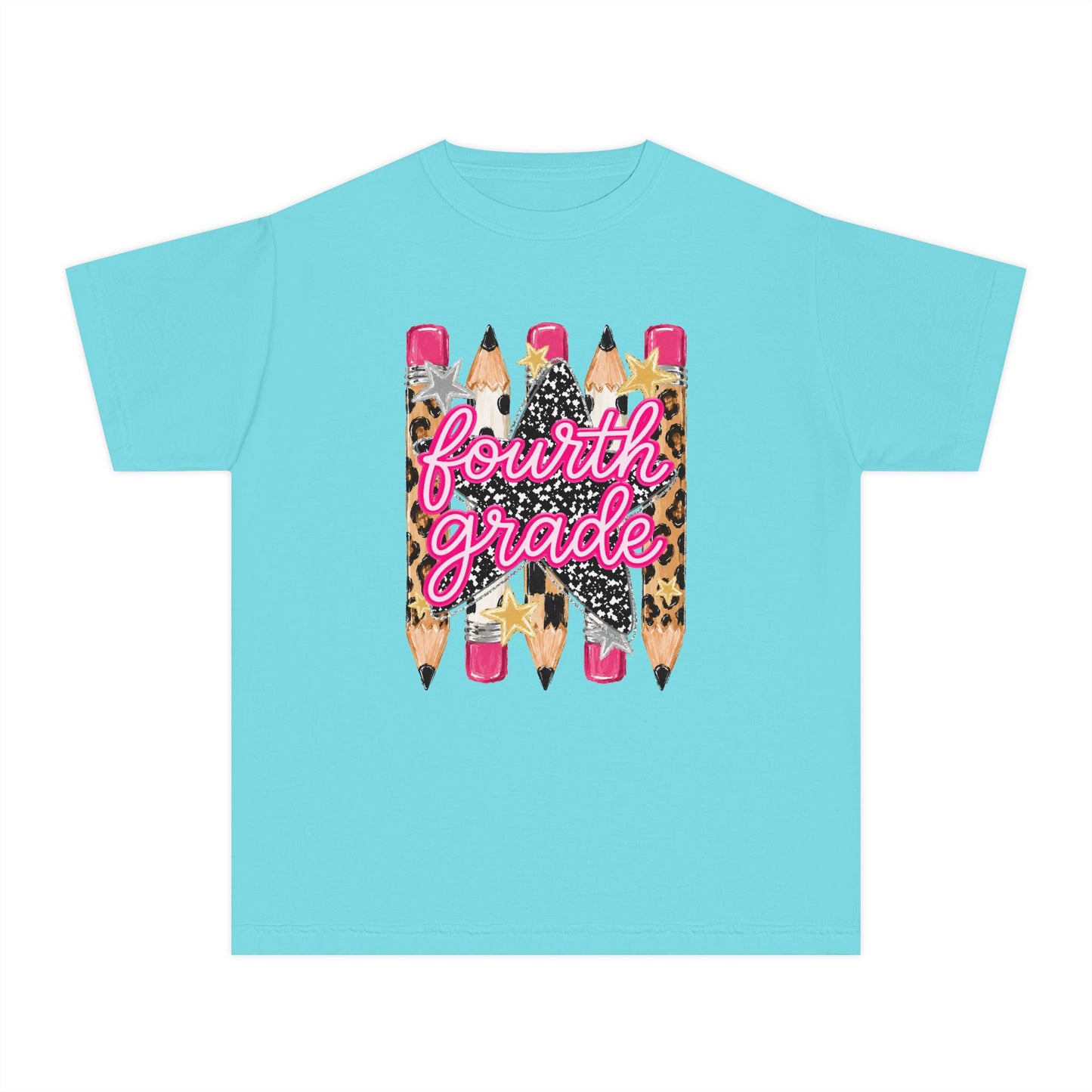 Fourth Grade Leopard Pencil Youth Tee — Back-to-School Cute Kids Shirt
