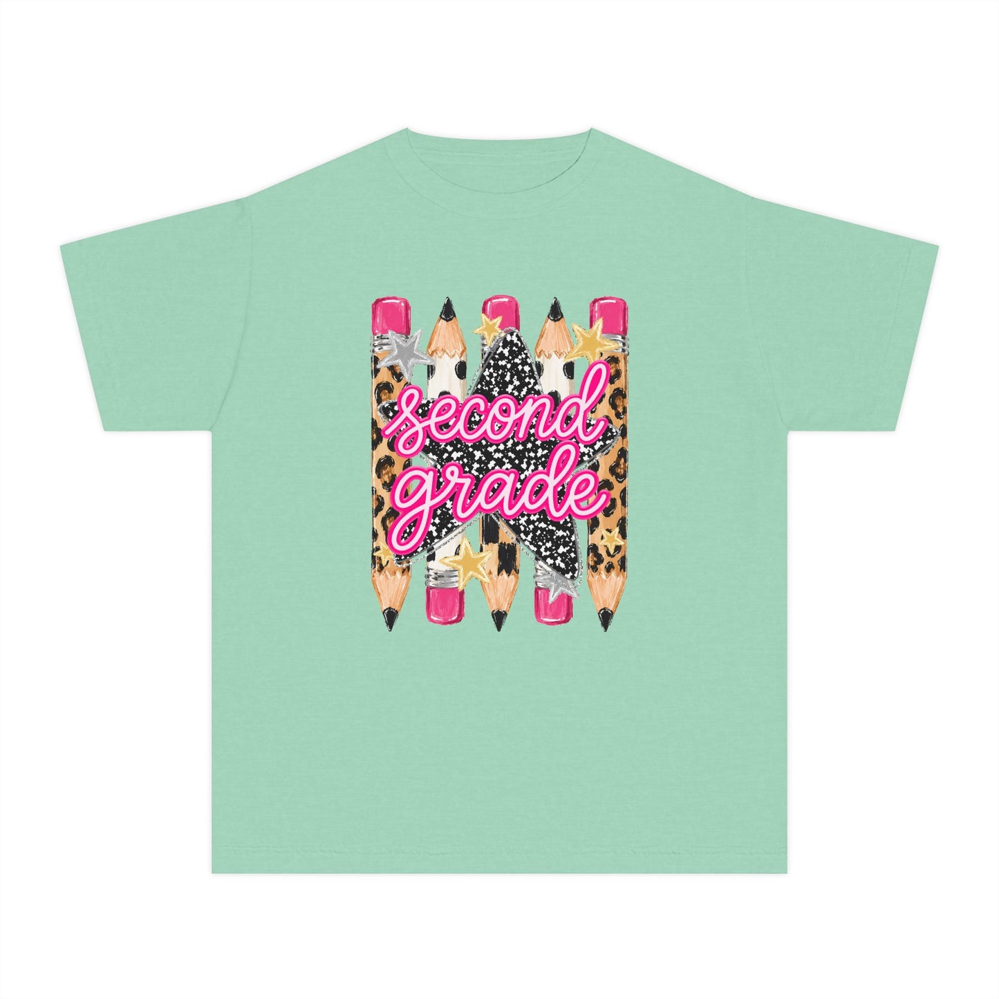 Second Grade Pencils Youth Tee — Cute Leopard & Pink Back-to-School Shirt