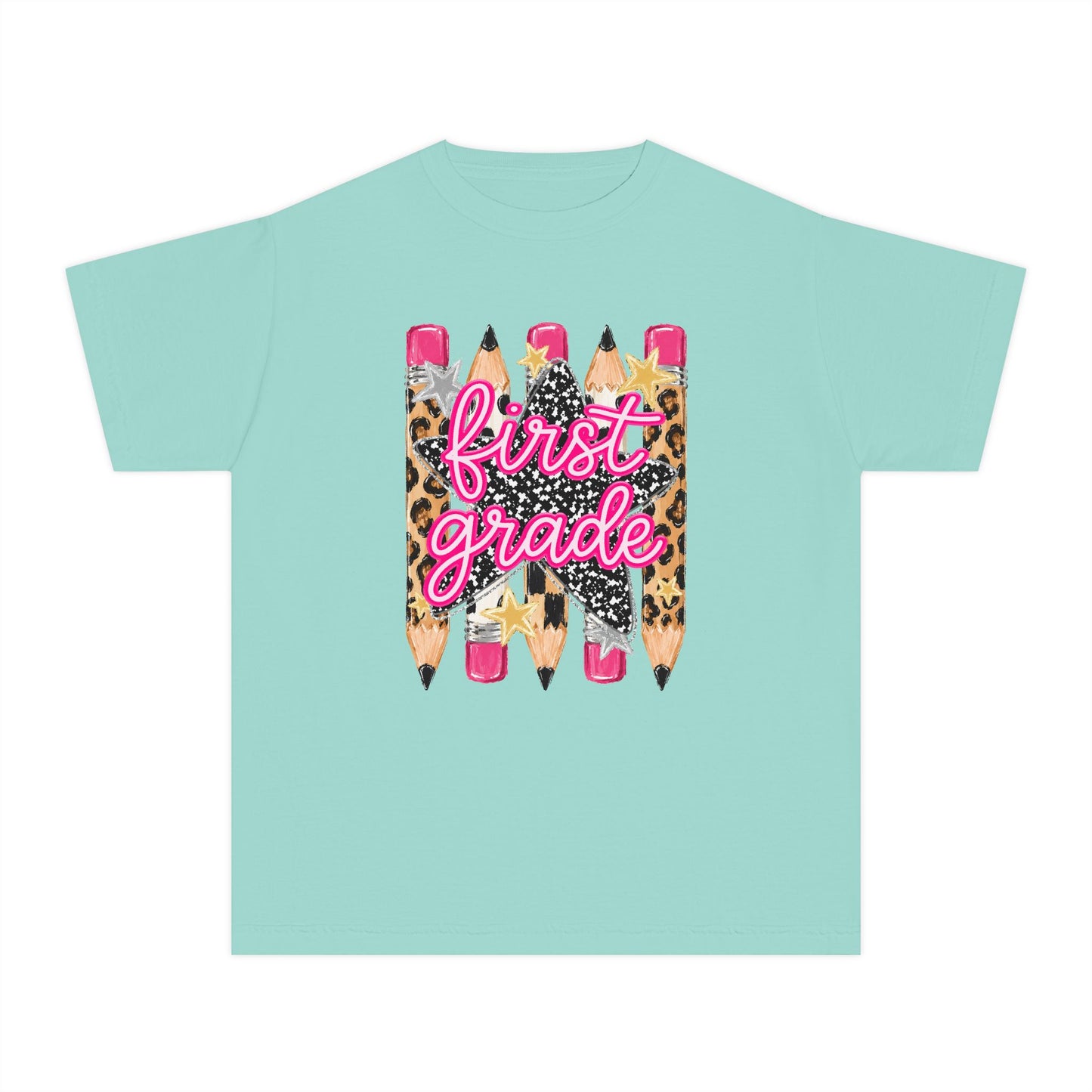 First Grade Leopard Pencil Youth Tee — Back to School Graphic Shirt