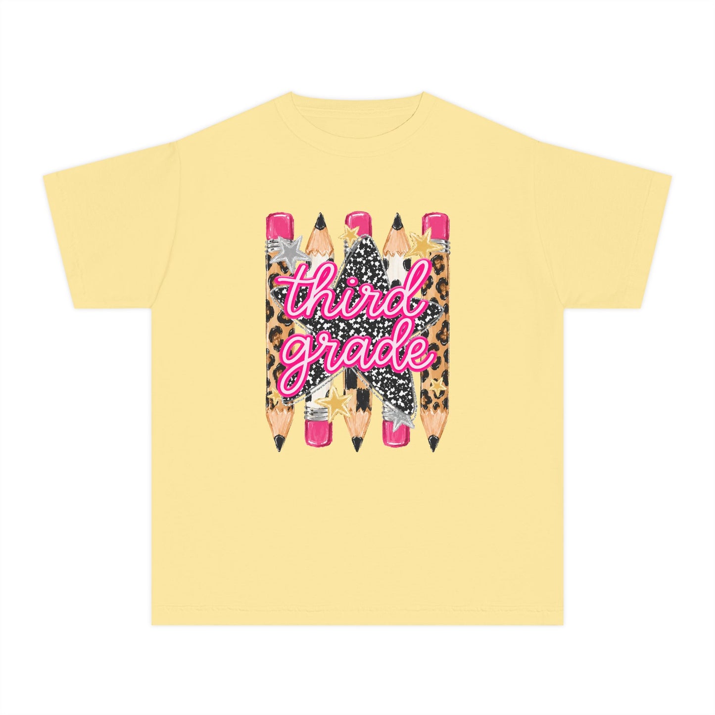 Third Grade Pencils Youth Tee — Leopard & Glitter Back-to-School Shirt