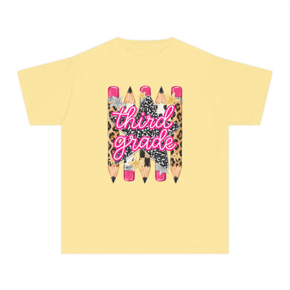 Third Grade Pencils Youth Tee — Leopard & Glitter Back-to-School Shirt
