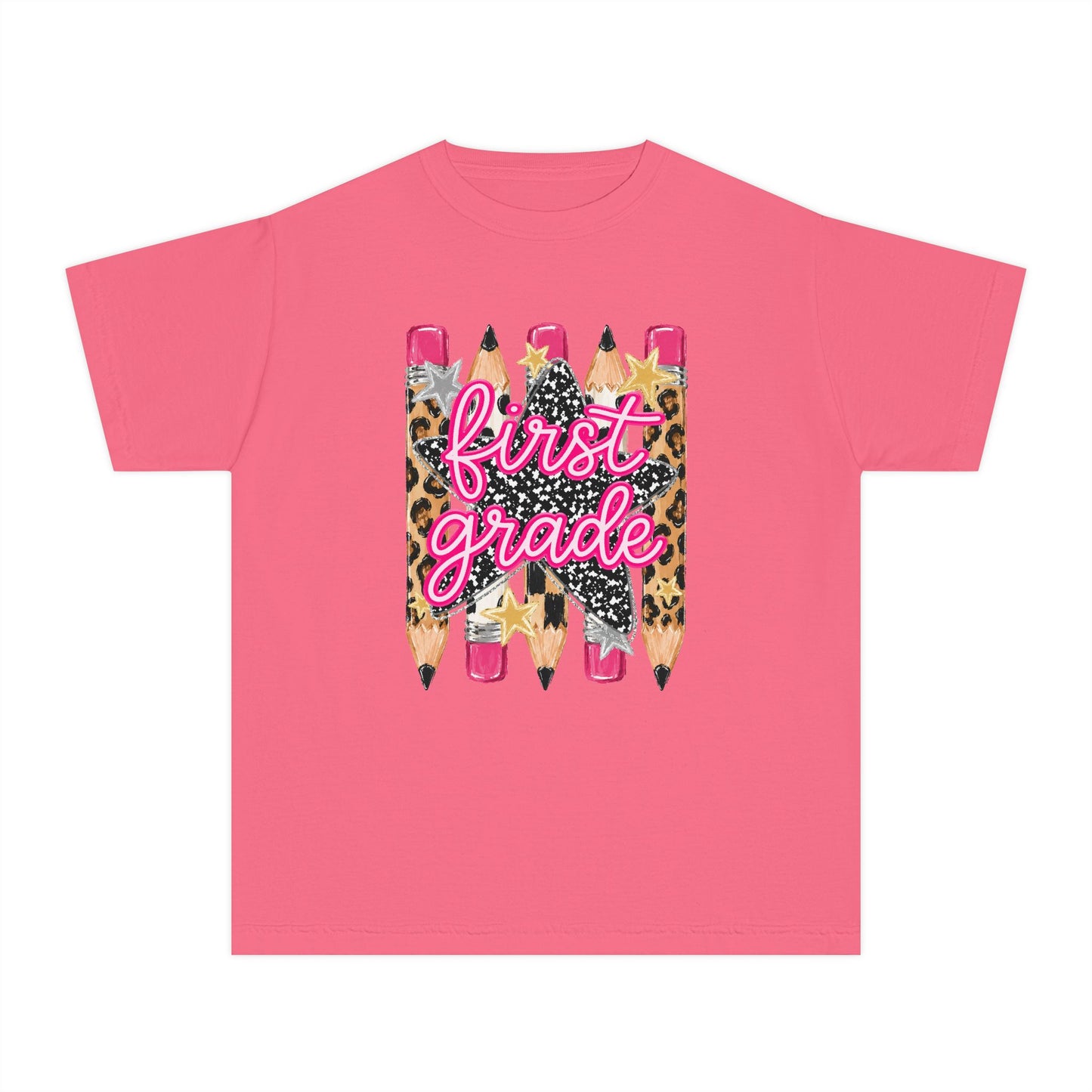First Grade Leopard Pencil Youth Tee — Back to School Graphic Shirt