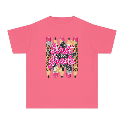 First Grade Leopard Pencil Youth Tee — Back to School Graphic Shirt