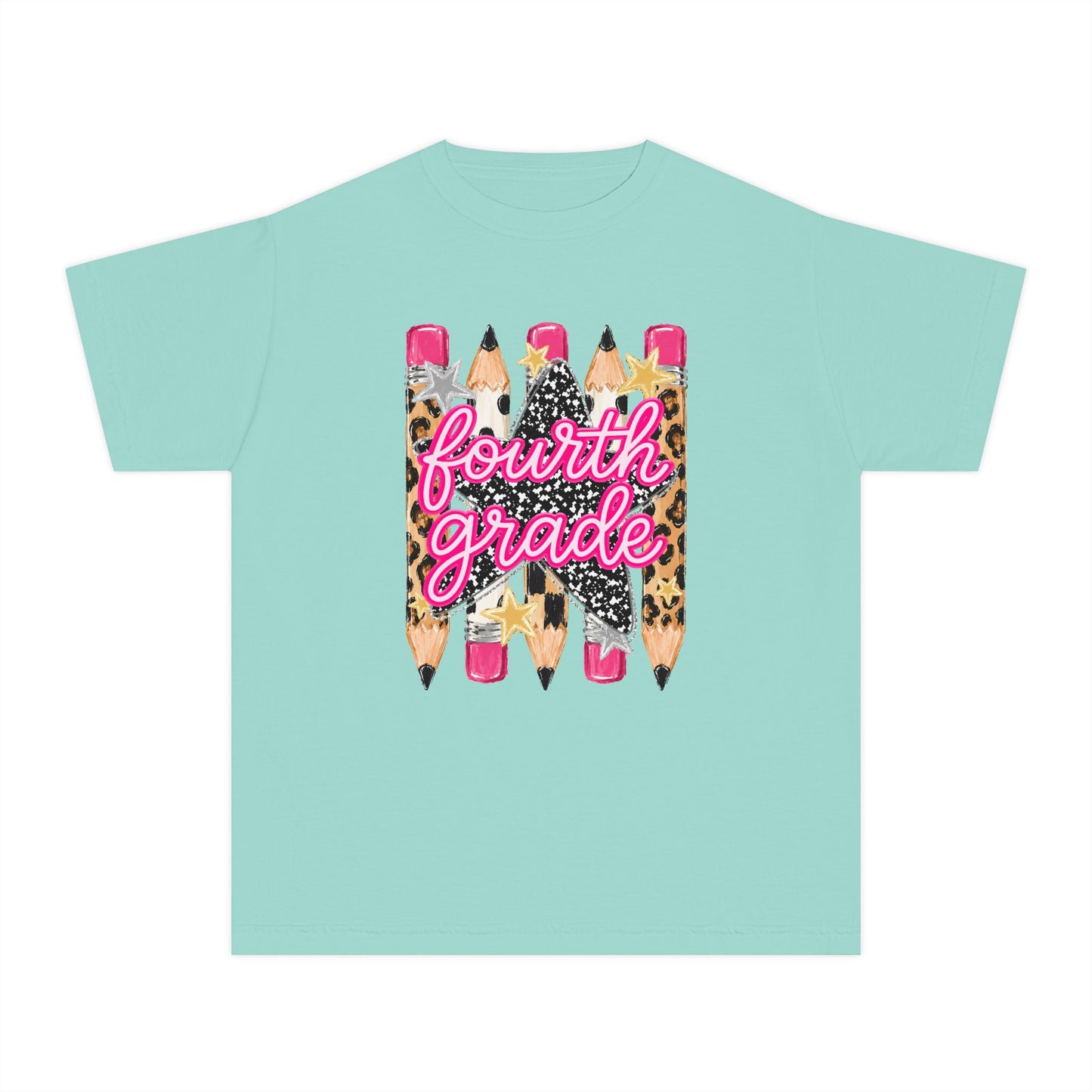 Fourth Grade Leopard Pencil Youth Tee — Back-to-School Cute Kids Shirt