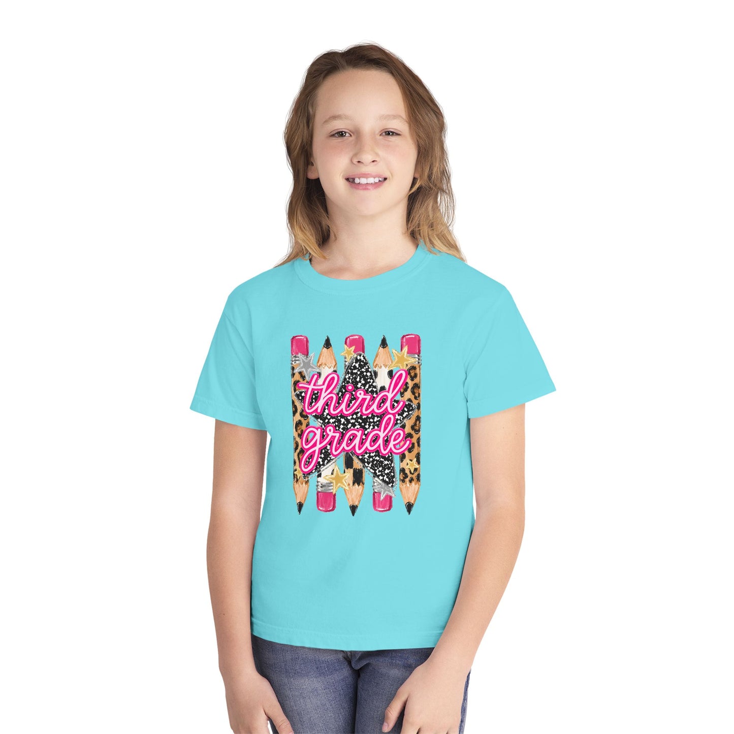 Third Grade Pencils Youth Tee — Leopard & Glitter Back-to-School Shirt