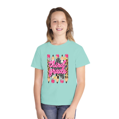 Third Grade Pencils Youth Tee — Leopard & Glitter Back-to-School Shirt