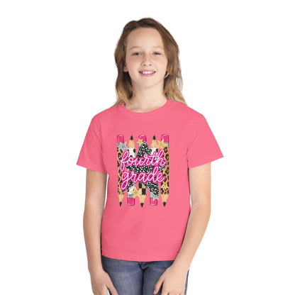 Fourth Grade Leopard Pencil Youth Tee — Back-to-School Cute Kids Shirt